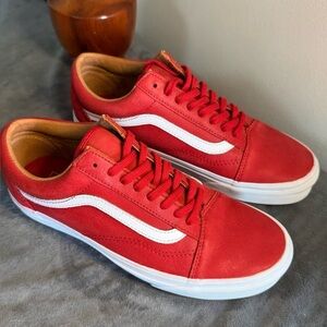 Red Leather Old Skool Vans Sneakers with Iconic Jazz Stripe